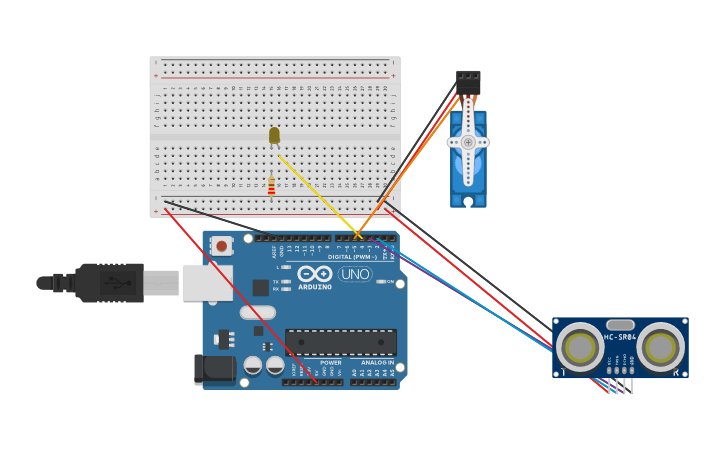 Circuit design Proyecto 11: Encender un led con ultrasonidos - Tinkercad