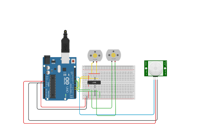 Circuit design Pir sensor and dc motor - Tinkercad