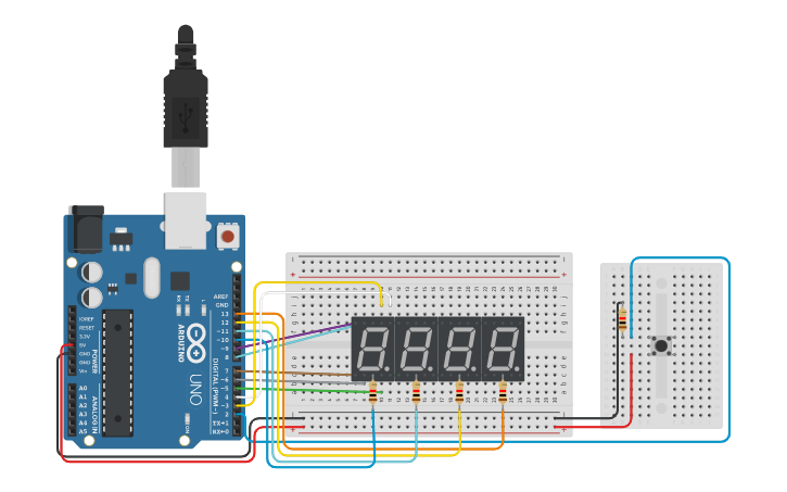 Circuit design timer dengan button (stopwatch) - Tinkercad