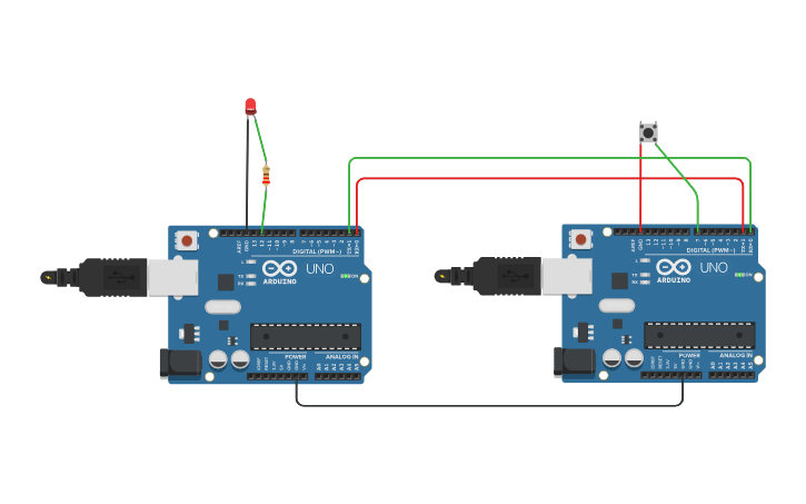 Circuit design Button and LED with 2 arduino - Tinkercad