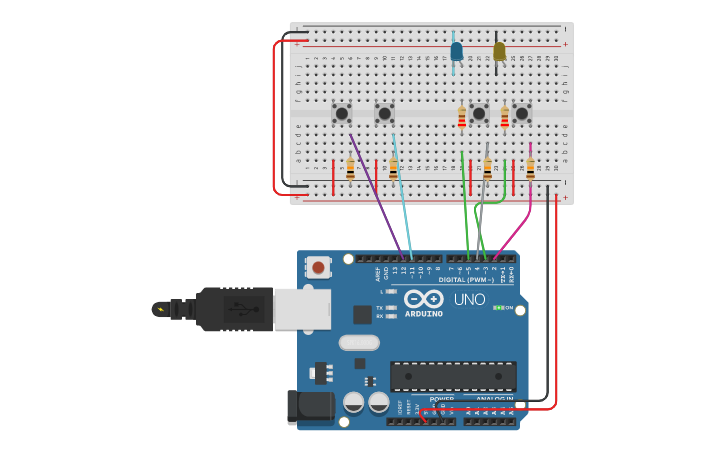 Circuit design 2 leds with restart button n reset | Tinkercad