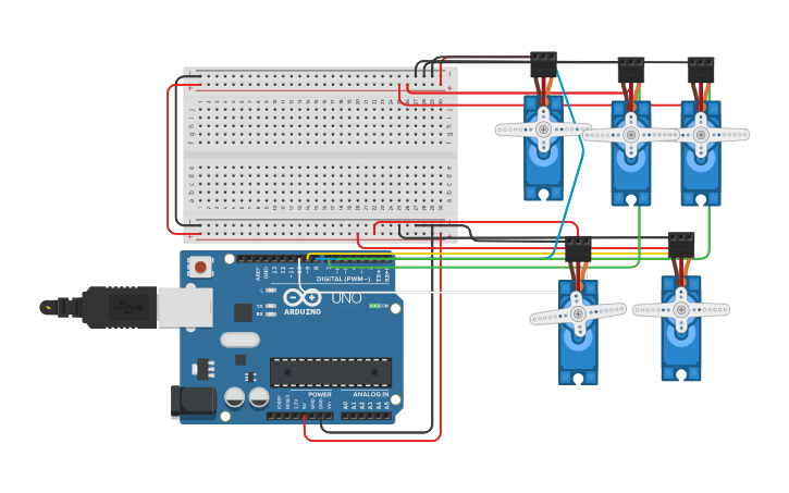 Circuit design Conteo de mano robótica con servomotores - Tinkercad
