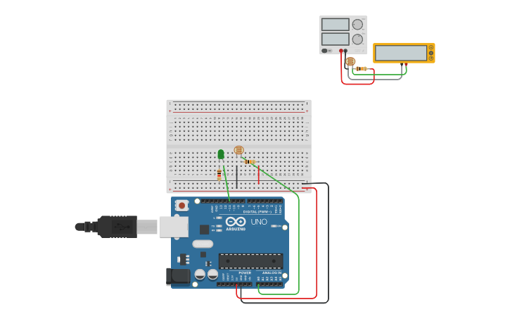 Circuit design proyecto - FOTORESISTENCIA luz de celular - Tinkercad