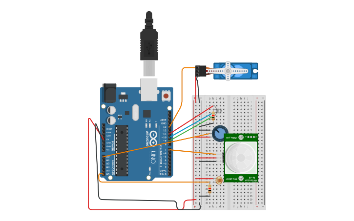 Circuit design Servo Motor with Motion Sensor - Tinkercad