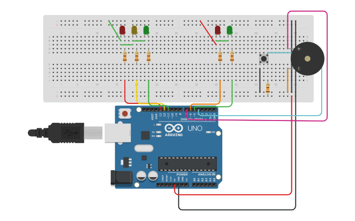 Circuit design Semáforo com botão e buzzer - Tinkercad