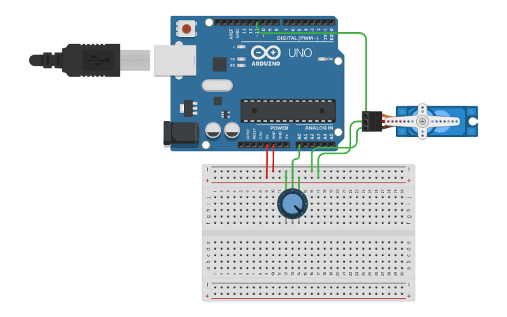 Circuit design servo motor w/ potentiometer - Tinkercad