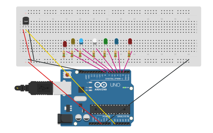 Circuit design lm35 7 leds - Tinkercad