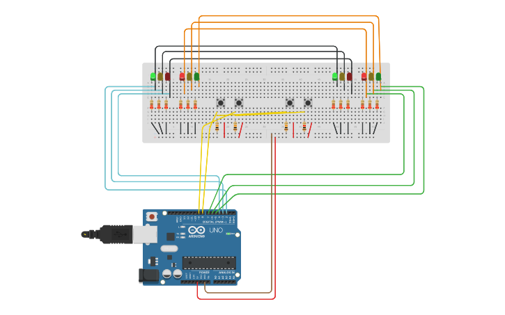 Circuit design Mejora de semaforo (interseccion) - Tinkercad