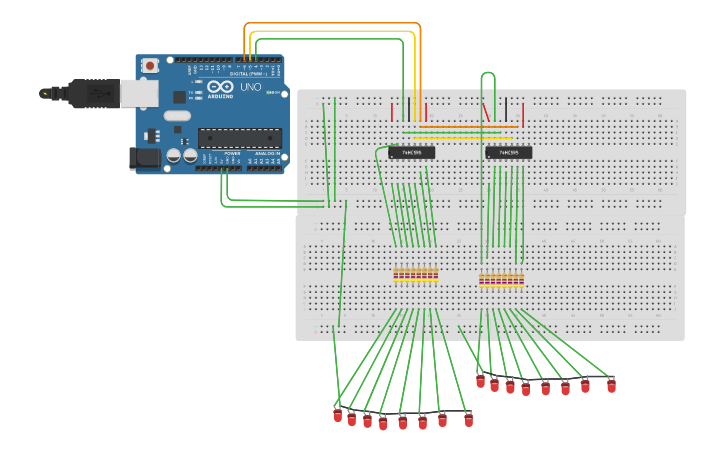 Circuit design Shift register test - Tinkercad