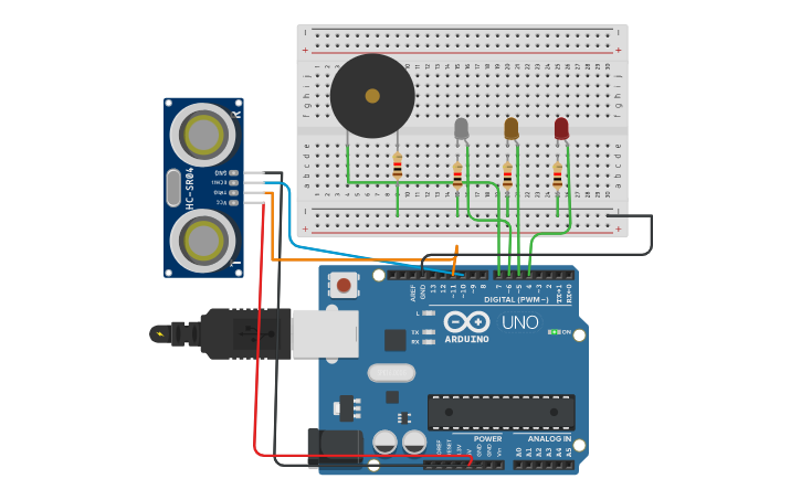 Circuit design medidor de distancias con ultrasonido - Tinkercad