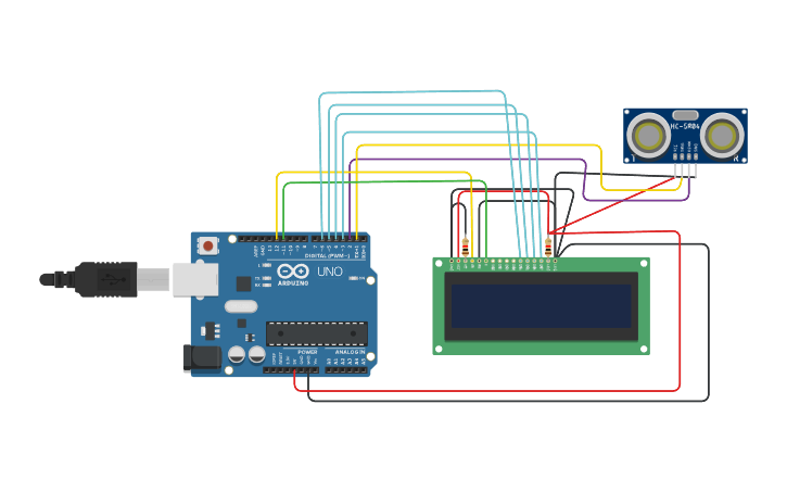Circuit design LCD DISPLAY USING ULTRASONIC SENSOR - Tinkercad