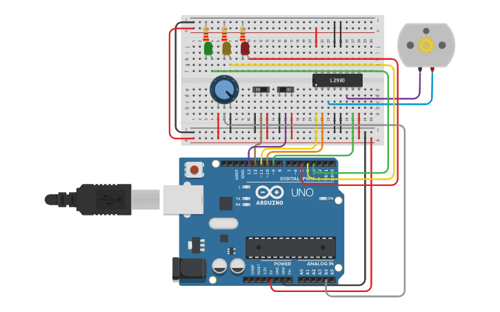 Circuit design Control velocidad y dirección motor DC puente H - Tinkercad