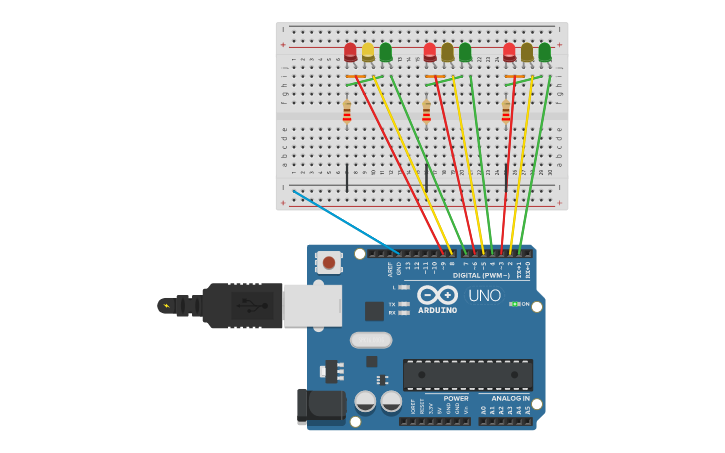 Circuit design 3 way Traffic Light System - Tinkercad