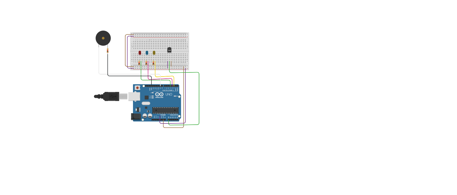Circuit design Temperature sensor with LED and Buzzer - Tinkercad