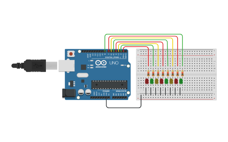 Circuit design Encendido de Leds Con For - Tinkercad