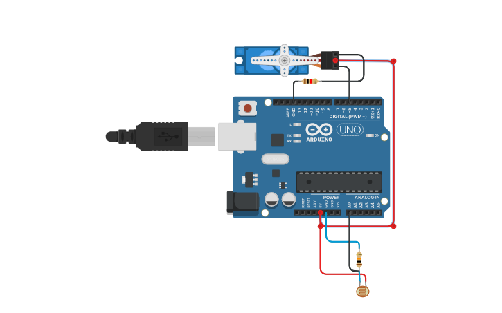 Circuit design 5 Датчик + сервопривод - Tinkercad
