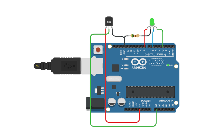 Circuit design ARDUINO TEMPERATURE SENSOR AND LED RGB - Tinkercad