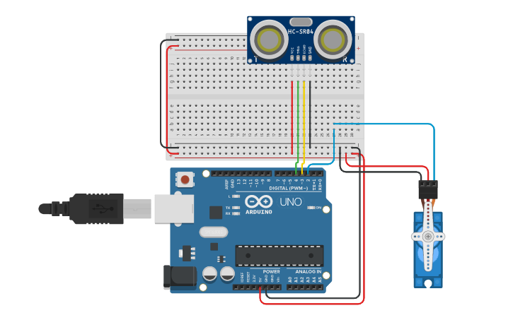 Circuit design Ultrasonic with Servo - Tinkercad