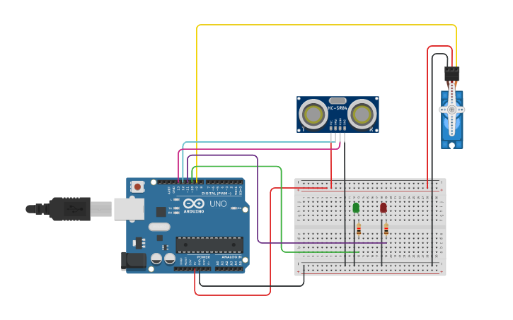 Circuit design Palang Parkir dg Sensor Ultrasonik - Tinkercad