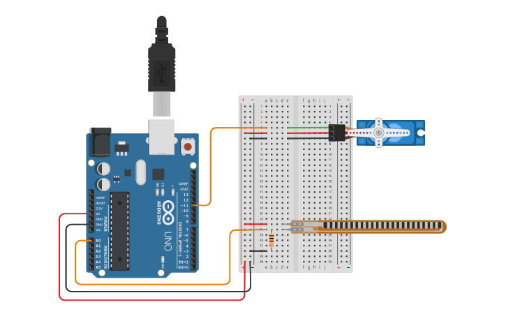 Circuit design Flex sensor, micro servo moter | Tinkercad