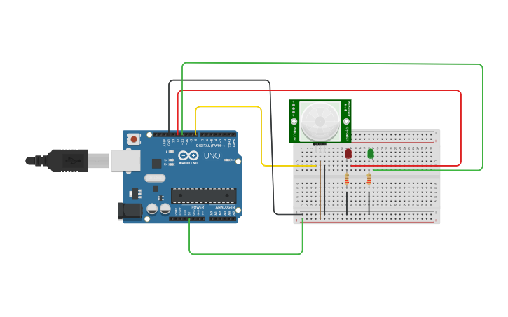 Circuit design PIR and LED interfacing - Tinkercad