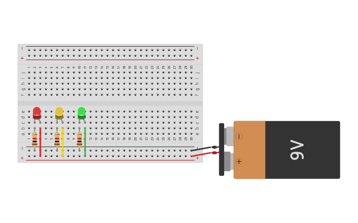 Circuit design Simulación - Encendido de Tres Led 🚨🚨🚨 - Tinkercad