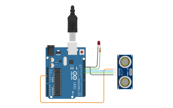 Circuit design BLINKING LED USING ULTRA SONIC SENCOR | Tinkercad