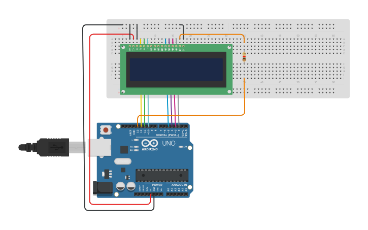 Circuit design ESCREVER UMA MENSAGEM NO DISPLAY 16 x 2 LCD - Tinkercad