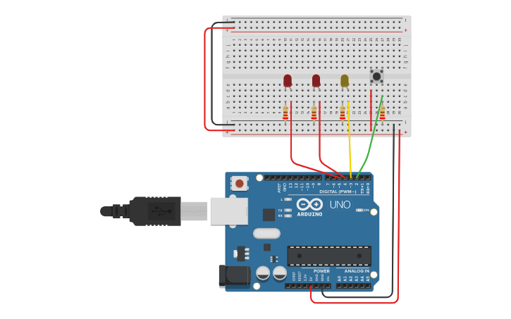 Circuit design LEDs a través de un pulsador - Tinkercad