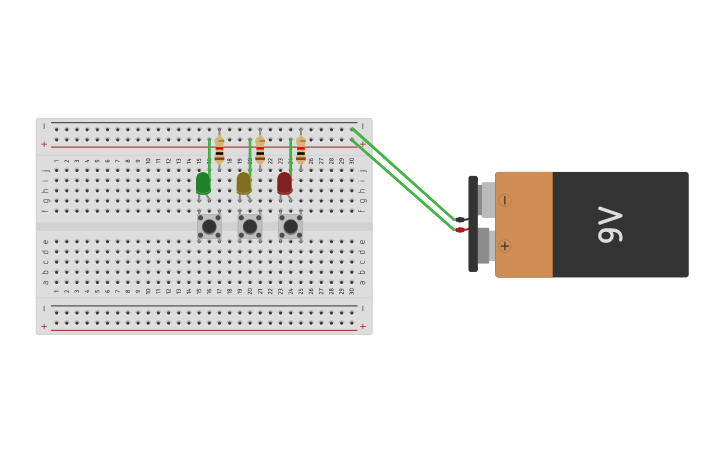 Circuit design placa con 3 leds - Tinkercad