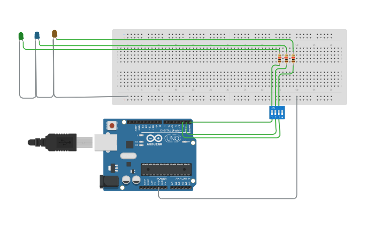 Circuit design Arduino+3led - Tinkercad