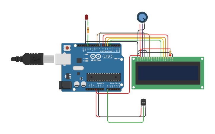 Circuit design 2ºL- Sensor de temperatura com LCD | Tinkercad