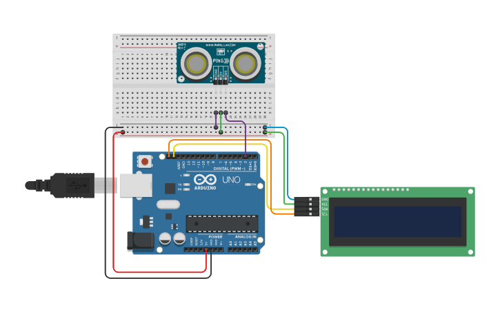 Circuit design LCD I2C ultrasonic - Tinkercad
