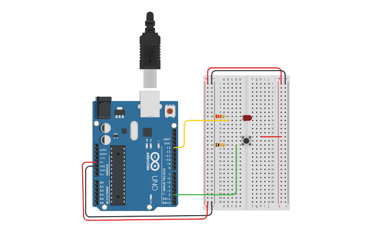 Circuit design Push button to turn on LED - Tinkercad