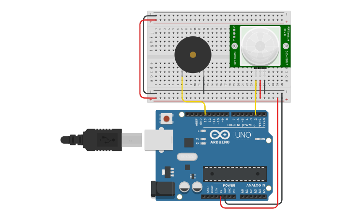 Circuit design PIR Sensor With Piezo Buzzer - Tinkercad