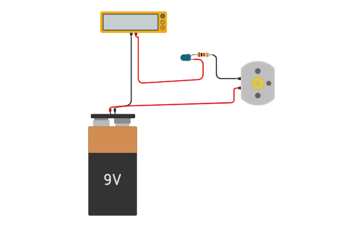 Circuit design Multimeter battery, LED and Motor testing - Tinkercad