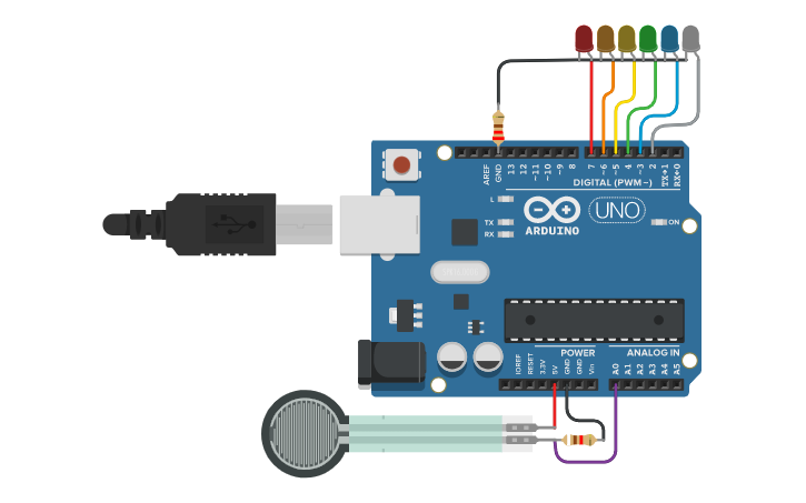 Circuit design Force Sensor using Arduino - Tinkercad