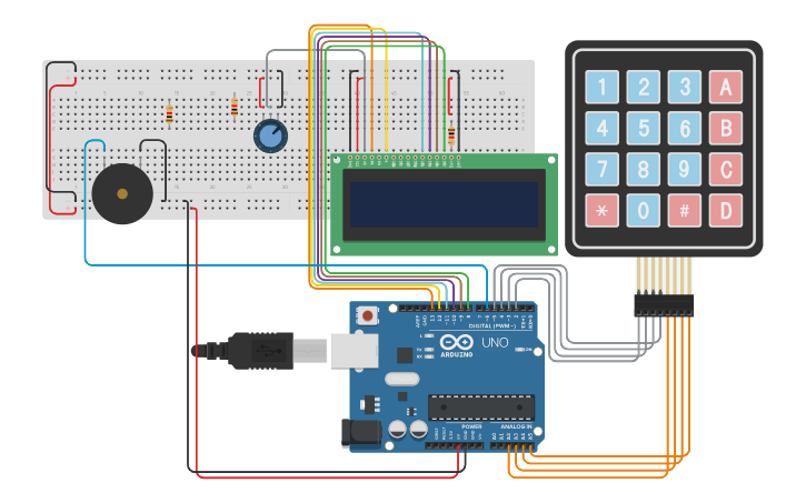 Circuit design contraseña con teclado4x4, piezo y lcd - Tinkercad