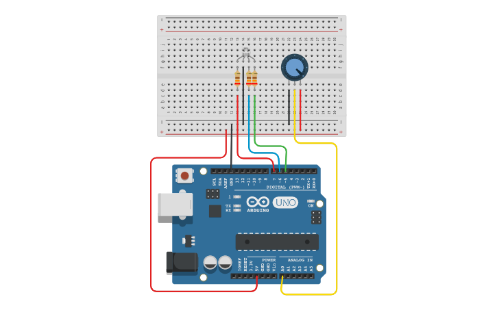 Circuit design Encendido de un led RGB con potenciometro | Tinkercad