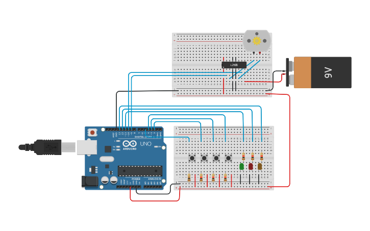 Circuit design Ejemplo2 - Motor con inversión de giro + L293D - Tinkercad