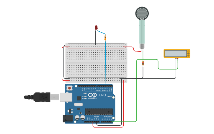 Circuit design LED/LDR to LED/weight sensor - Tinkercad