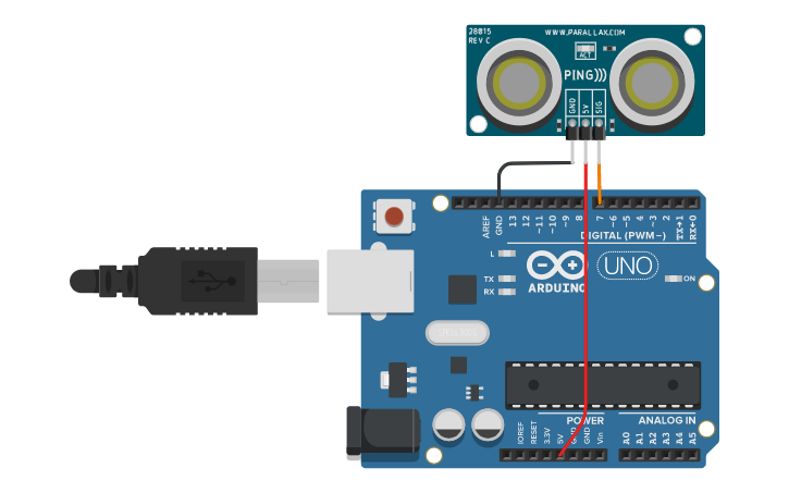 Circuit design Sensor distancia PING))). Ultrasonic sensor - Tinkercad