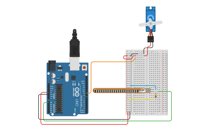 Circuit design c2-2.2.4.2 Sensor flexible y servo - Tinkercad