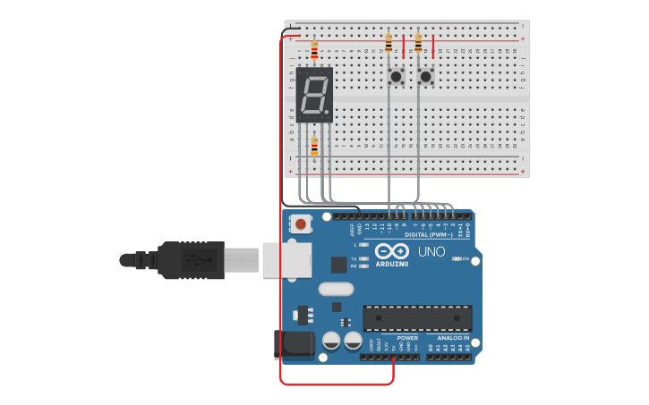 Circuit design Seven Segment with Two Push Buttons - Tinkercad