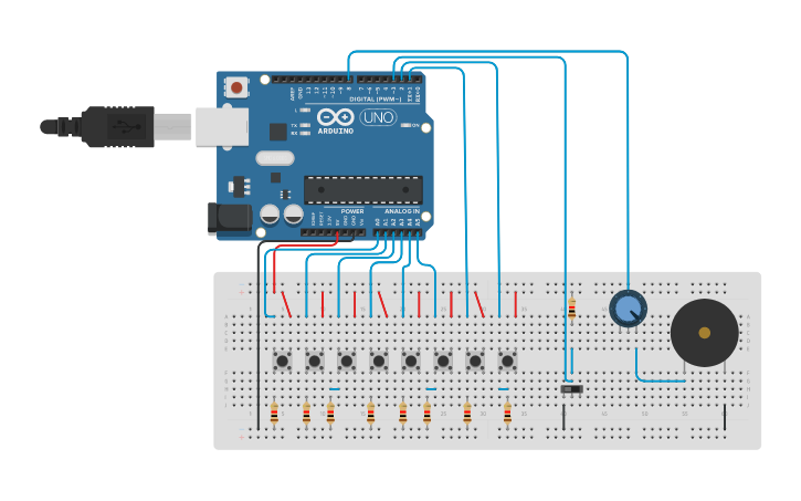 Circuit design Electric piano using Arduino Uno | Tinkercad