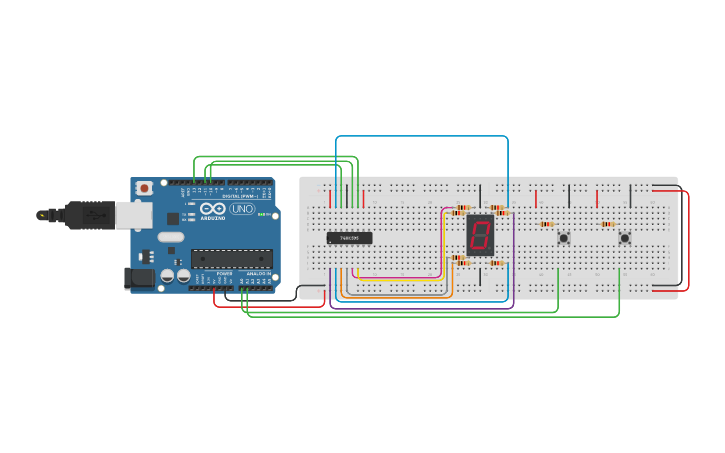 Circuit design 7 segment button - Tinkercad