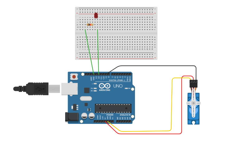 Circuit design servo motor+ led - Tinkercad