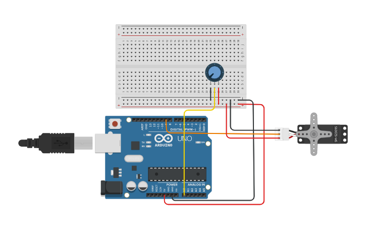 Circuit design Copy of Регулирование поворота сервопривода | Tinkercad