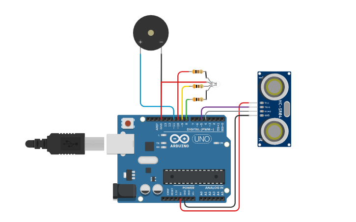 Circuit design the vechicle reverse sensing system - Tinkercad