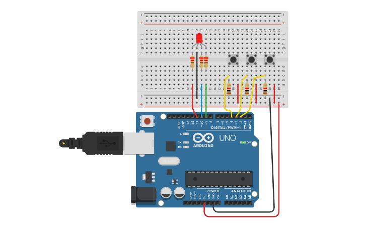 Circuit design RGB LED using Push buttons - Tinkercad